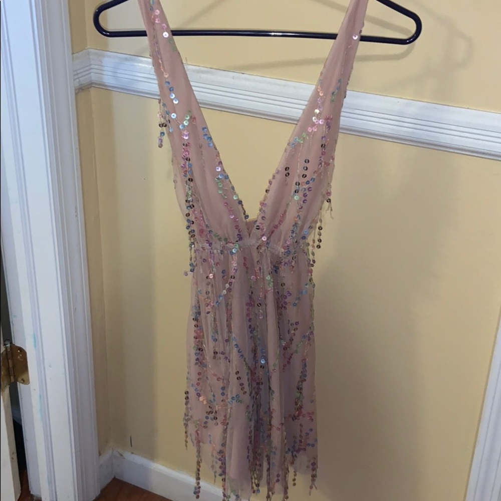 Blush pink waterfall sequined dress. NEVER WORN